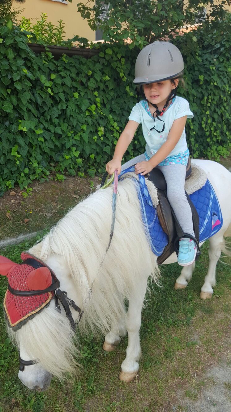 Una bambina durante i suoi primi passi a cavallo su un pony